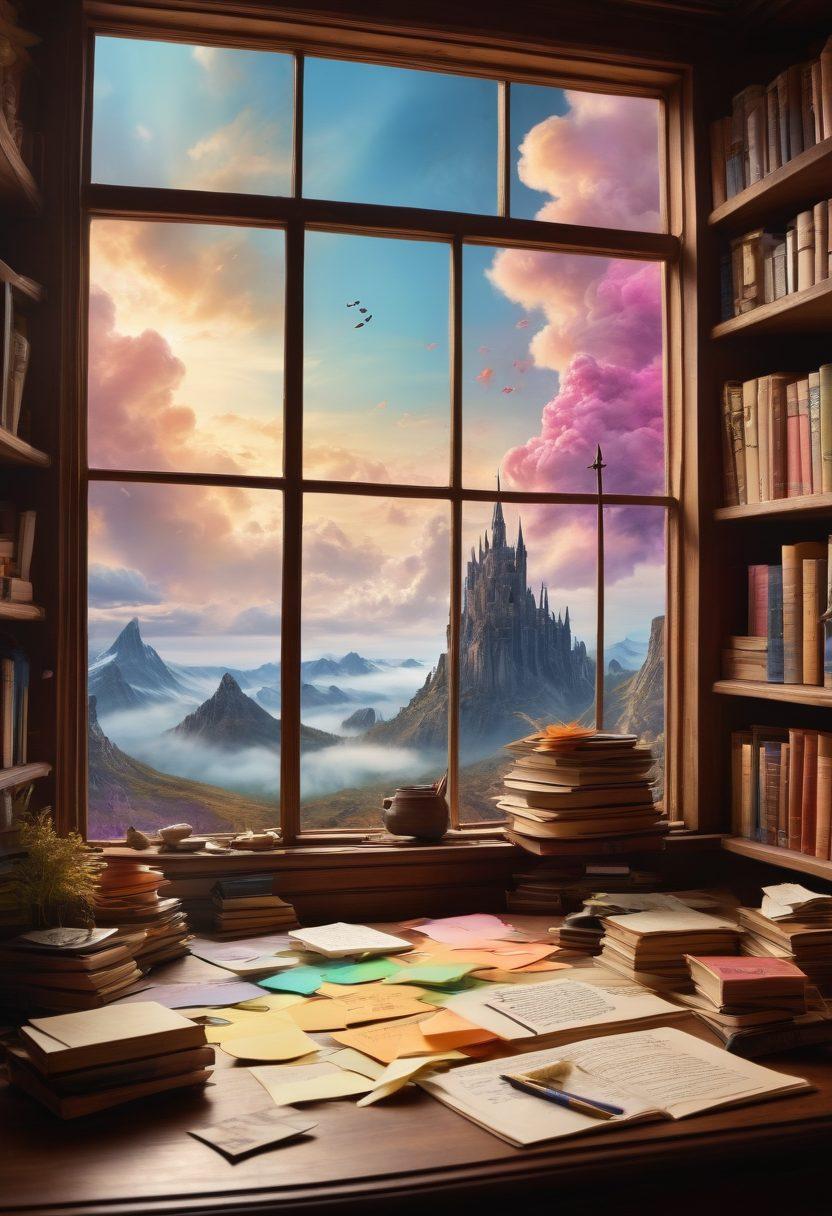 A whimsical writing desk adorned with colorful sticky notes and whimsical pens, surrounded by books stacked high with fantasy and sci-fi themes. A window reveals a dreamy landscape of imagination with swirling clouds and fantastical creatures. Incorporate elements of storytelling, like quills and parchment, with splashes of vibrant paint symbolizing creativity. The overall mood should be inviting and inspiring. surrealistic, vibrant colors, fantasy.