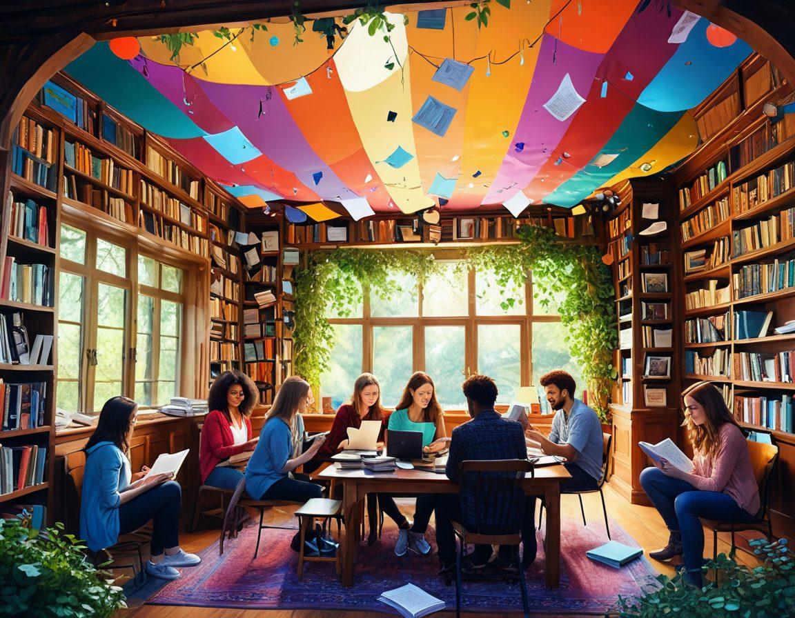 A vibrant gathering of diverse fanfic authors and readers, engaged in lively discussions under a colorful canopy filled with books and manuscripts. Show a blend of digital devices like laptops and tablets alongside traditional notepads, symbolizing the fusion of modern and classic writing methods. Include elements like speech bubbles and creative visuals representing various fanfic genres, encapsulating a sense of community and connection. whimsical art style. vibrant colors. soft focus.