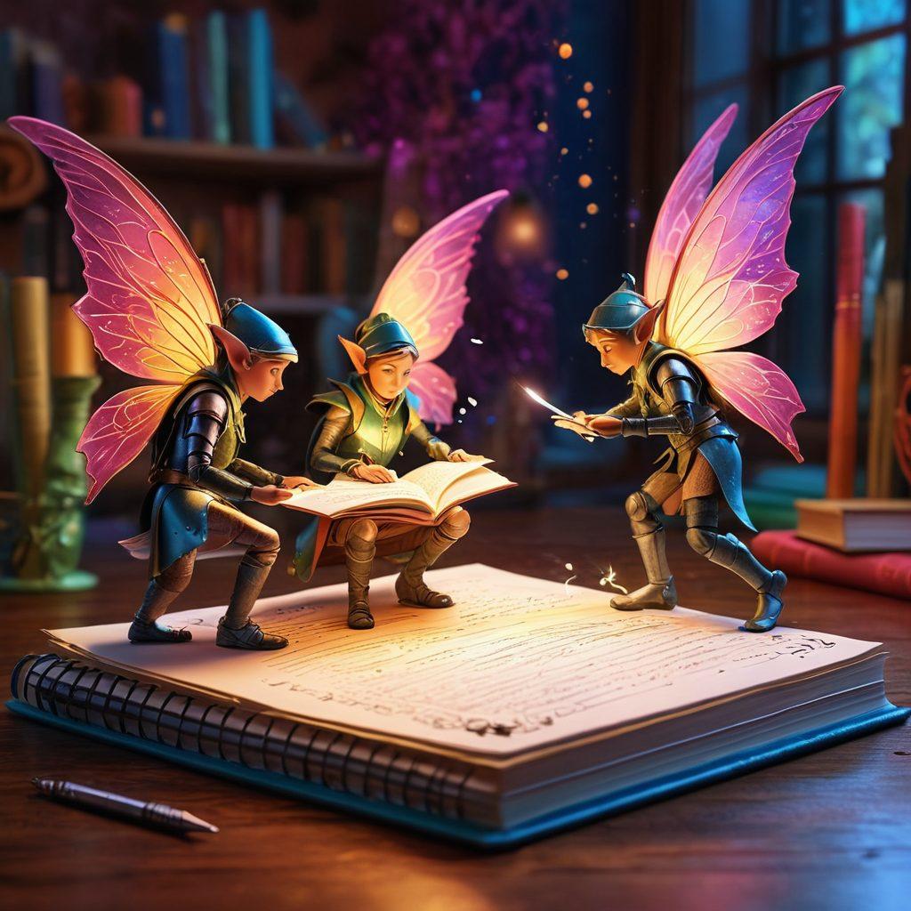 A whimsical scene depicting a diverse group of imaginative characters gathered around a glowing notebook, each character representing different genres like fantasy, sci-fi, and romance, showcasing their unique traits. The background is filled with colorful, swirling ink and light, symbolizing creativity. Vibrant colors enhance the lively atmosphere, inviting readers into the world of storytelling. super-realistic. vibrant colors. 3D.